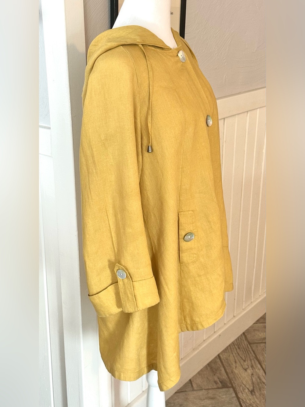 Sigrid Olsen 100% Linen Hooded Jacket Med Mustard Yellow Lagenlook Coastal - Picture 4 of 8